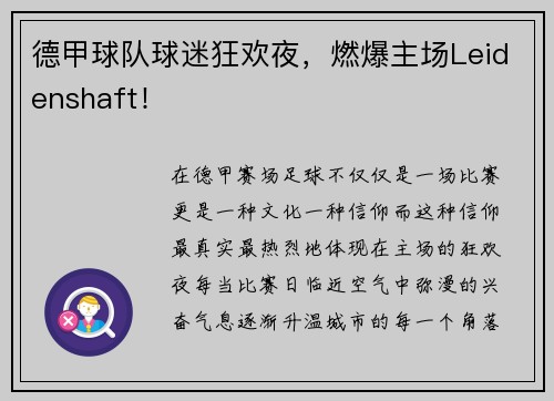 德甲球队球迷狂欢夜，燃爆主场Leidenshaft！